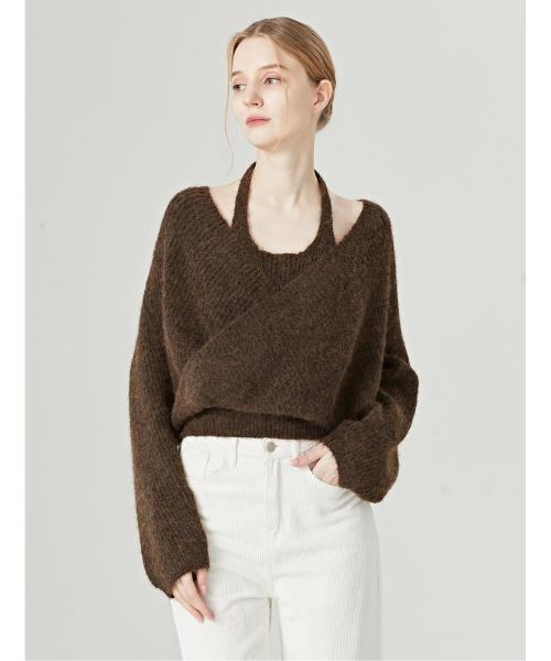 크로스 랩 오프숄더 홀터넥 울니트 (TW4KP006L0)