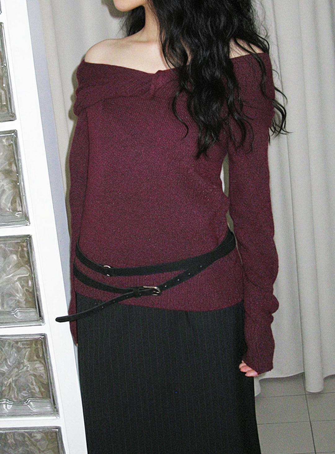 버건디 와인 검정 오픈 오프숄더 긴팔티 크리스마스 연말 니트