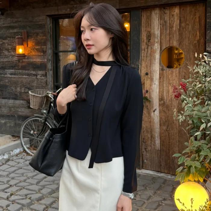 [꼬민지 착용][16차 리오더] modern ribbon blouse_black (2 SIZE)