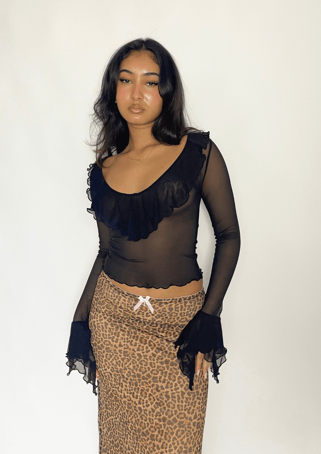 Waterfall Frill Sleeve Top In Black Sheer Mesh