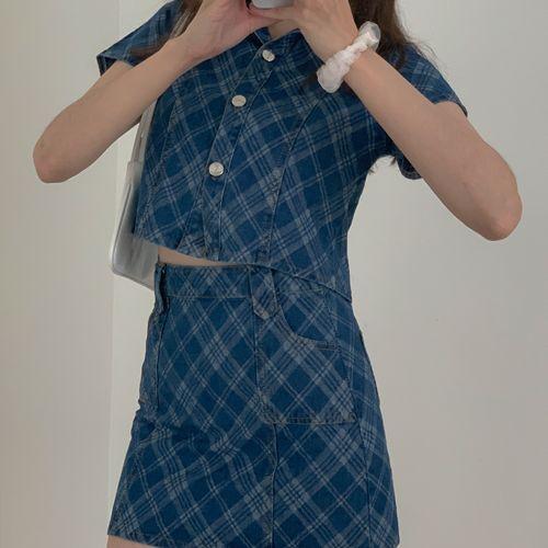 CAMILLA CHECK DENIM JACKET SKIRT SET(BLUE)