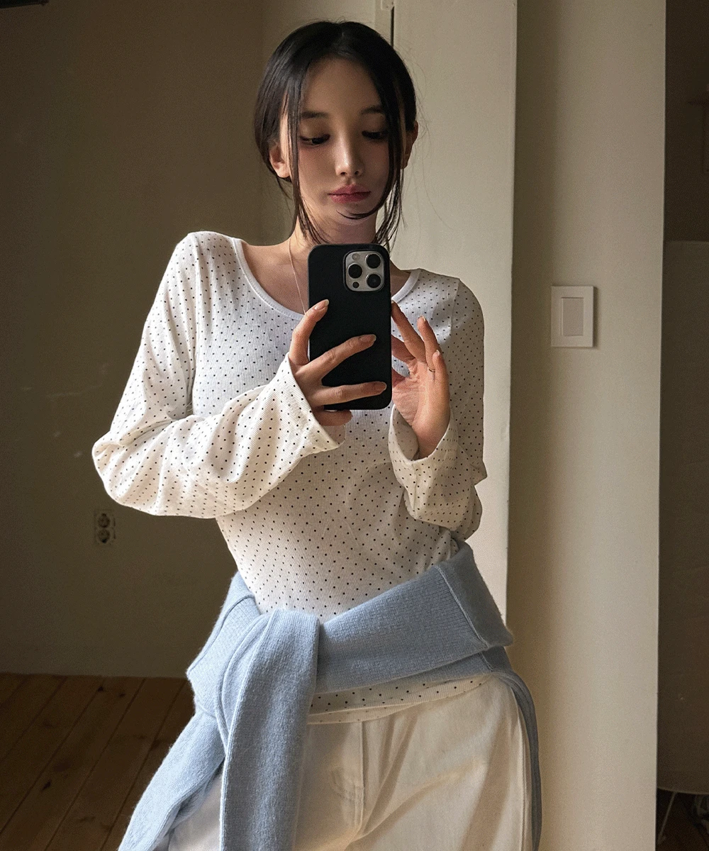 [반팔/긴팔2ver.] 마가렛 도트 라운드 티셔츠 - 4color