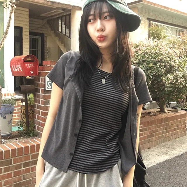 *일체형* 반팔ver 렌 스트라이프 티 레이어드 버튼 가디건 (2color)