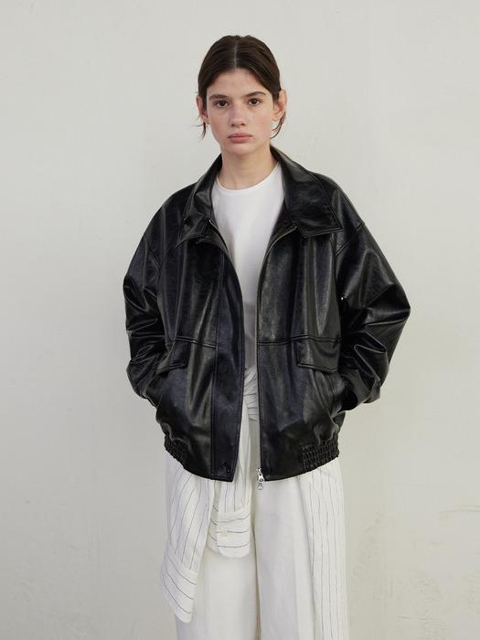 HIGH NECK LEATHER BLOUSON JUMPER - BLACK