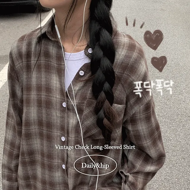 🌸봄[폭닥폭닥🤎/루즈핏!] *정말 부드러워요* 필렌 간절기 피치 소재 루즈핏 브라운 체크 긴팔 셔츠 남방 - 1color