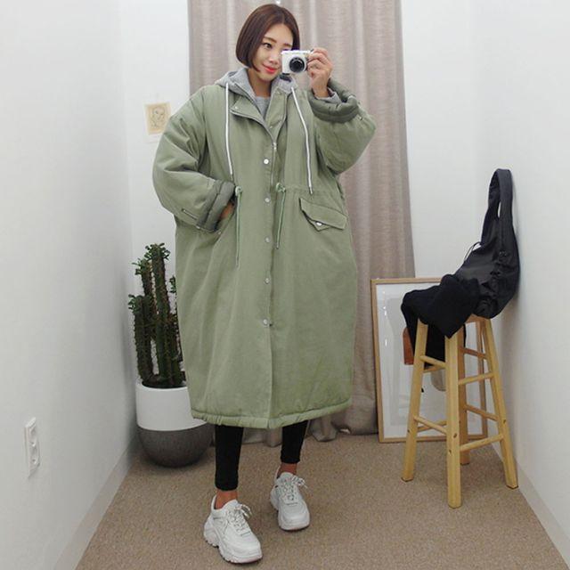 배색후드야상롱패딩점퍼