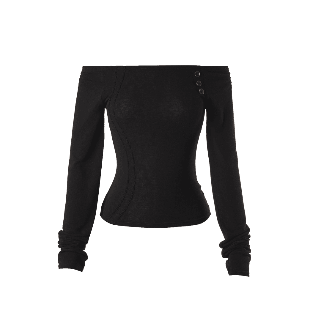 Curve Button Off -Shoulder Tee in Black