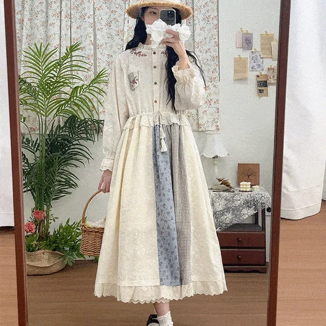 (빅사이즈) 베로니카 롱 원피스 레이스 패치 플라워