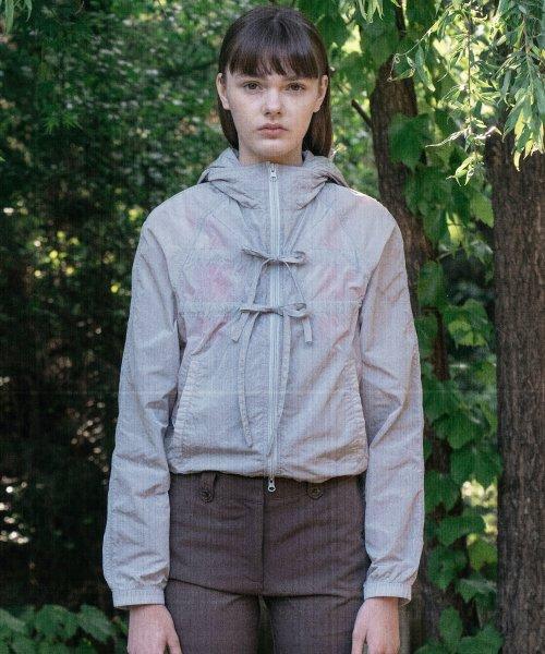 시어 리본 셔링 후디 자켓_라이트 그레이
