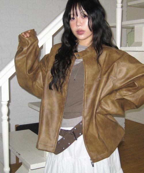 크랙 워싱 빈티지 바이커 레더자켓 [브라운]