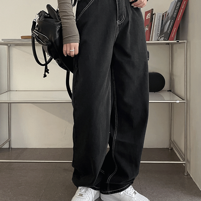 오벤 흑청 스티치 롱 와이드 스트랩 데님 워크 팬츠