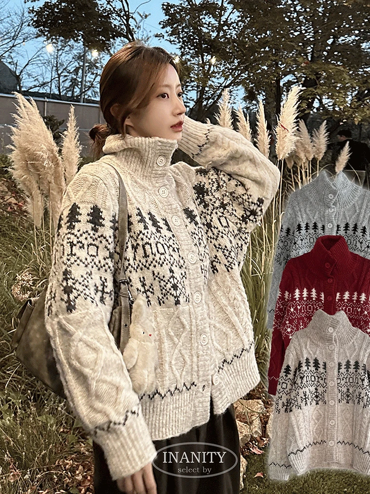 당출🚀[wool20%/두툼❄] 하이넥 스노우 패턴 노르딕 루즈핏 가디건 3color