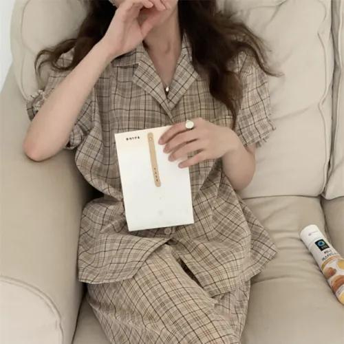 꿀잠잠 베이지 체크  반팔 긴바지 잠옷