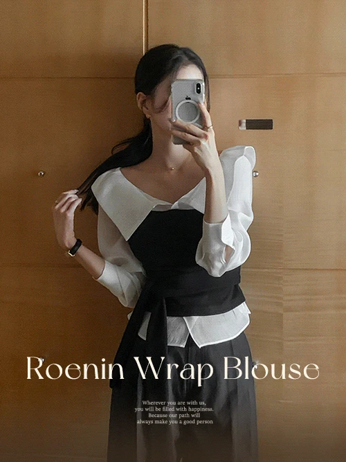 로에닌 배색 와이드 카라 오프숄더 랩 리본 블라우스(데이트룩/데일리룩)