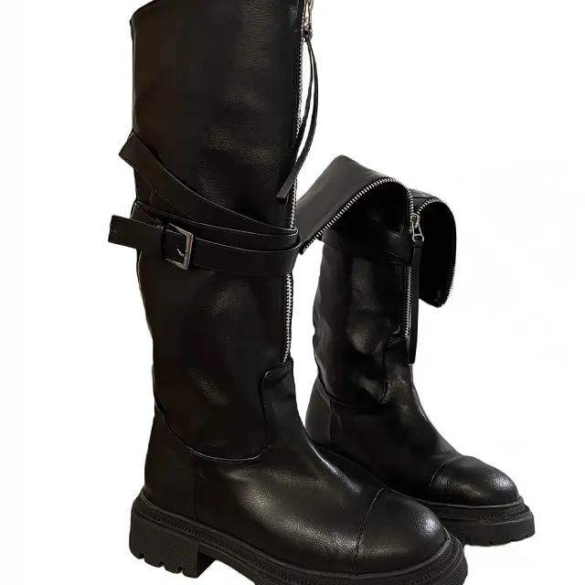 바이커 투웨이 버클 지퍼 통굽 하이 부츠