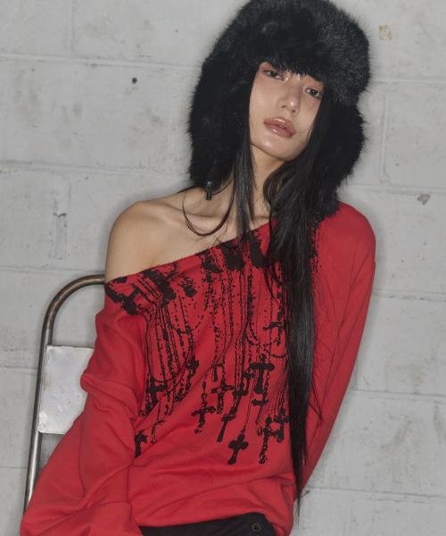 넥클리스 원숄더 스웻셔츠 (RED) F25ZB037