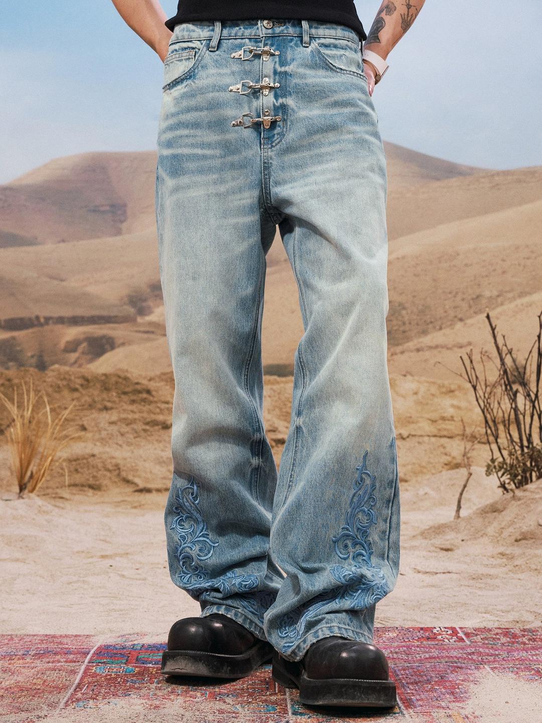 YADcrew Snap Button 3D Embroidery Washed Jeans