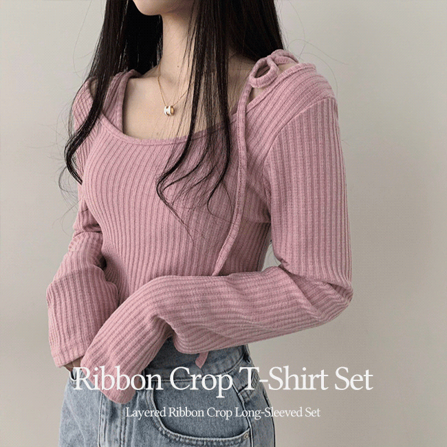 [발레코어/러블리] 이디 레이어드 리본 골지 크롭 나시 + 긴팔티 set (5color)