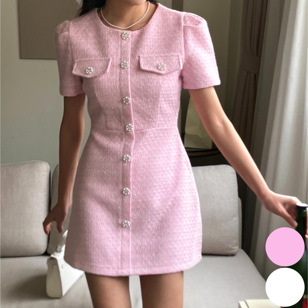 반팔트위드원피스 미니 퍼프 핑크 A라인원피스