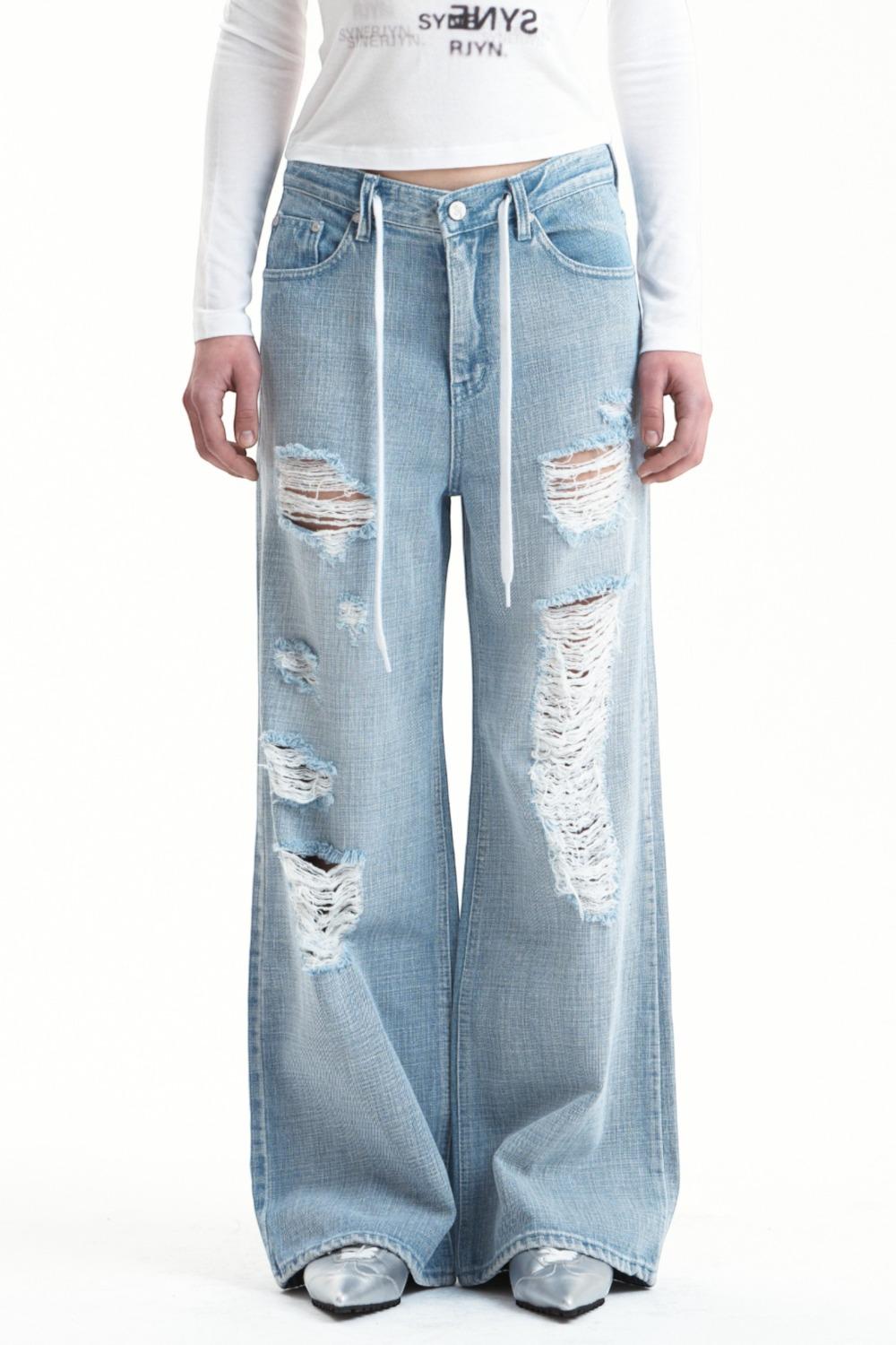 DRAWSTRING DISTRESSED DENIM PANTS LIHGT BLUE