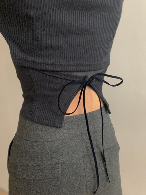 BACK RIBBON STRAP CROP TOP(IVORY, BROWN, DARK GREY, BLACK 4COLORS!)