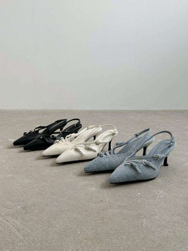 봄 신상 뾰족코 사선 버클 스트랩 데님 스틸레토 슬링백 힐 여성 샌들 BOTT HS342