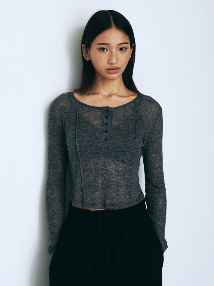 See-through Button Slim T-Shirt (Melange Gray)