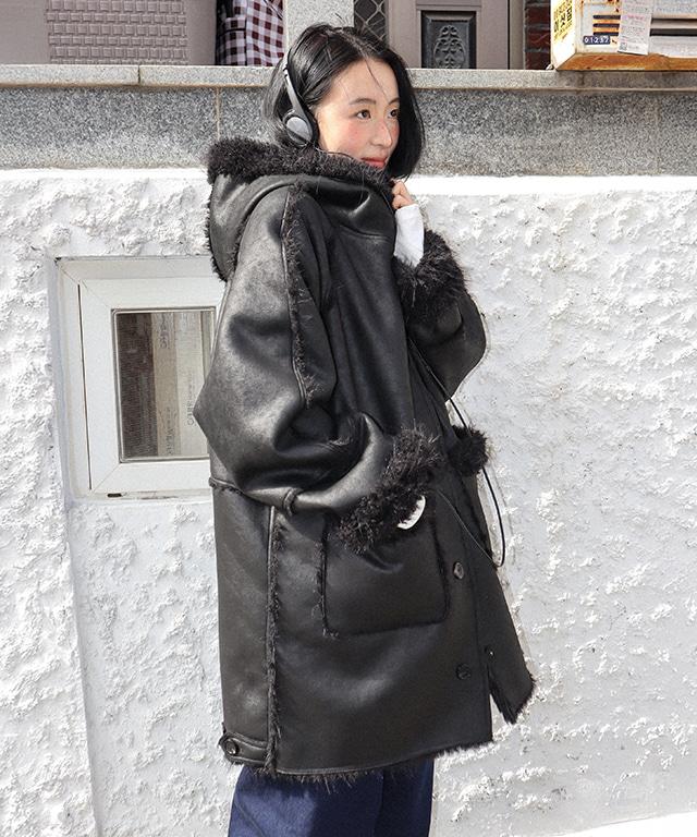 FUR HOODED BUTTON FAUX SUEDE COAT BLACK