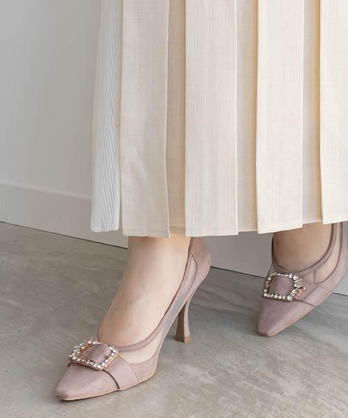 【SALE】チュールコンビビジューバックルパンプス
