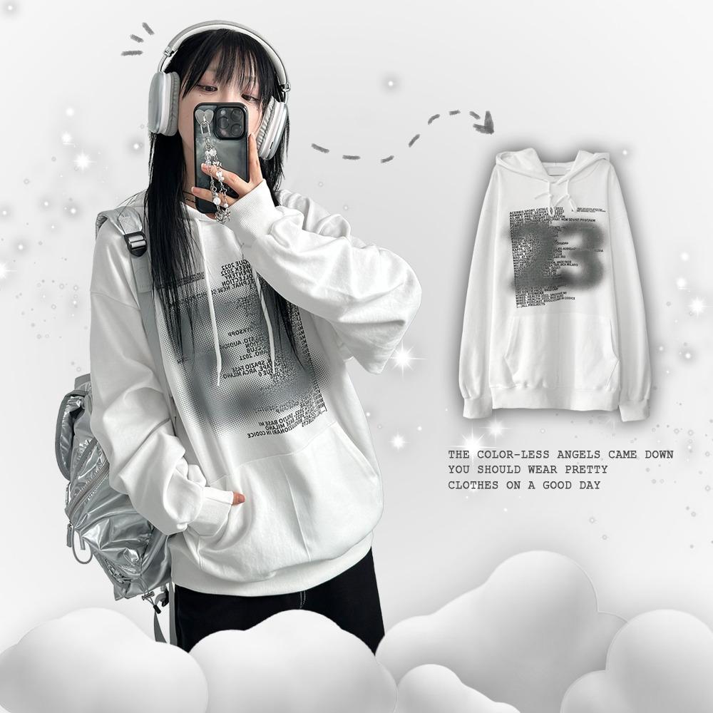 히키모드 스프레이 레이어드 프린팅 레터링 데일리 오버핏 후드티셔츠