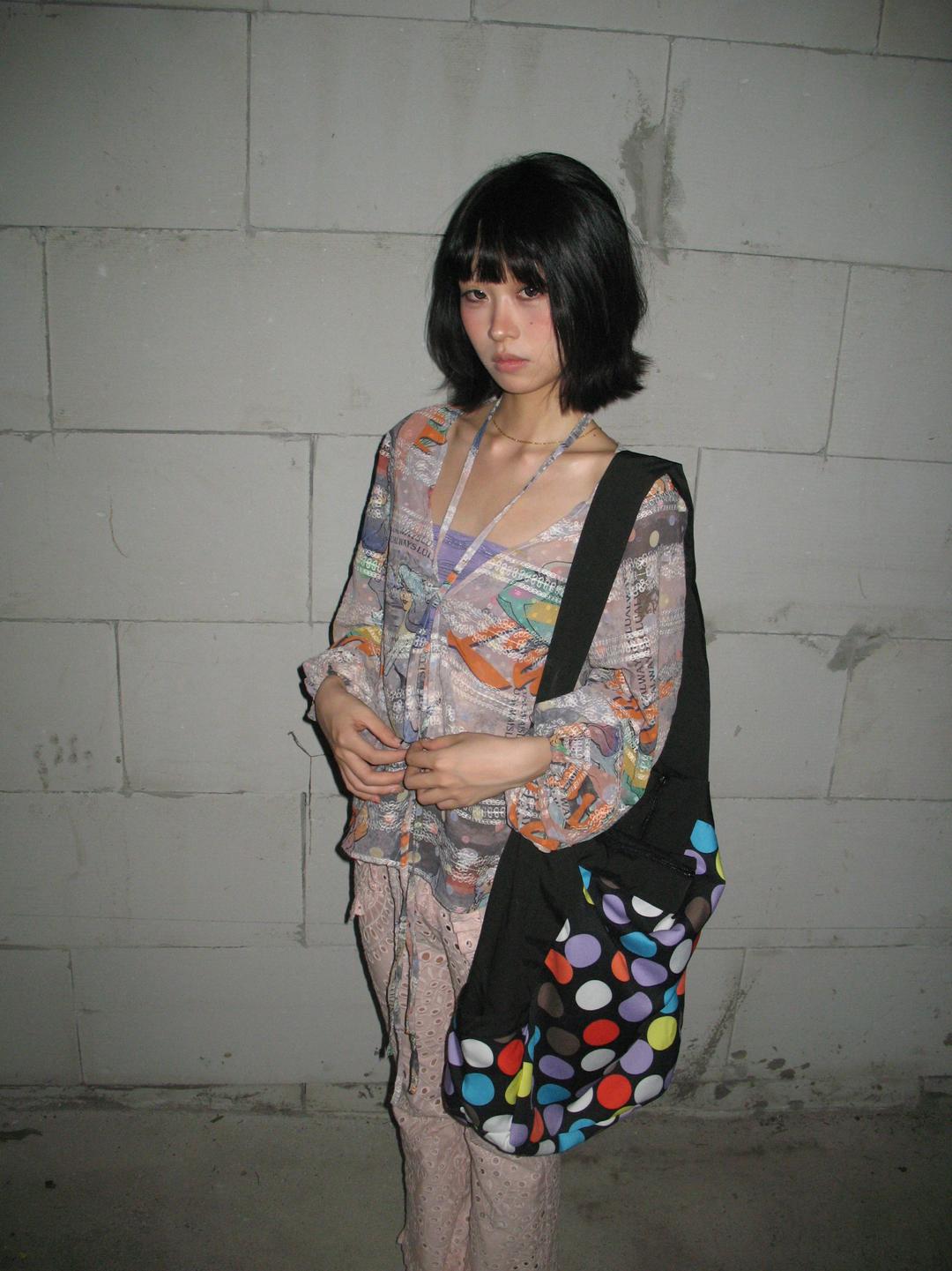 JellyFish Graffiti lace-up see-through long-sleeve blouse