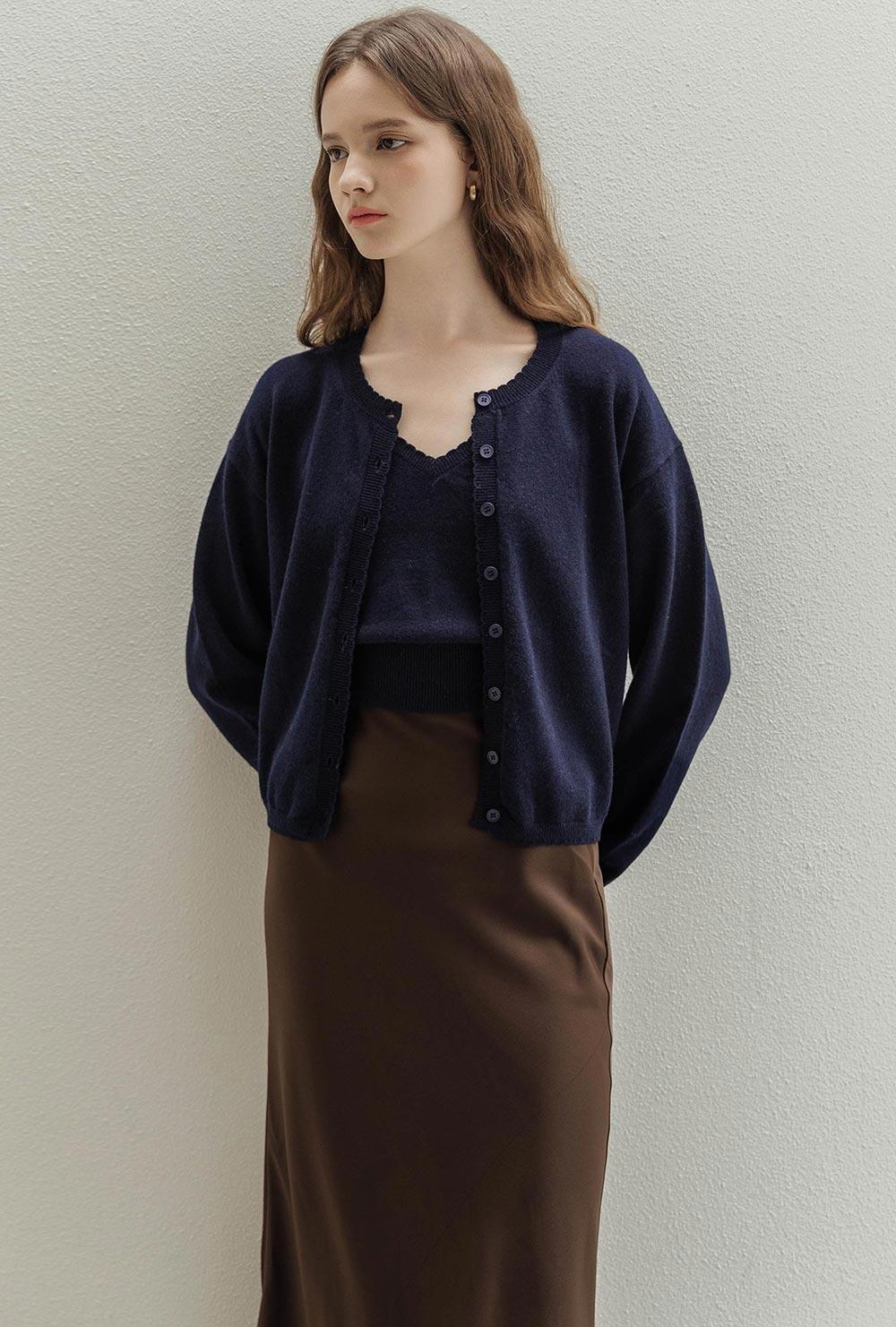 Wool Scallop Knit Navy cardigan set