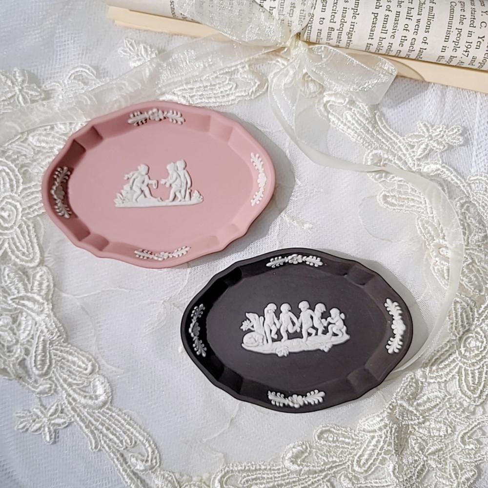 웨지우드 제스퍼웨어 핑크,블랙 타원형 핀 디쉬 (아기천사)- Wedgwood Jasperware 영국 빈티지 앤틱 트링켓 접시 장식소품
