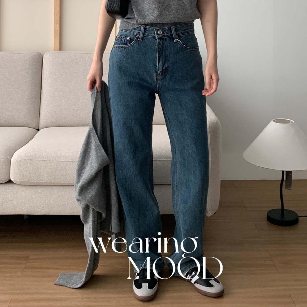 [S당일] 더웨이브 버킨 웨이브 데님 중청 진청 일자핏 워싱 팬츠 여성 하이웨스트 청바지