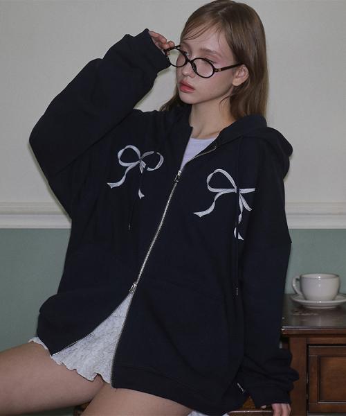 Sketch Ribbon Hood Zip-up [Navy]