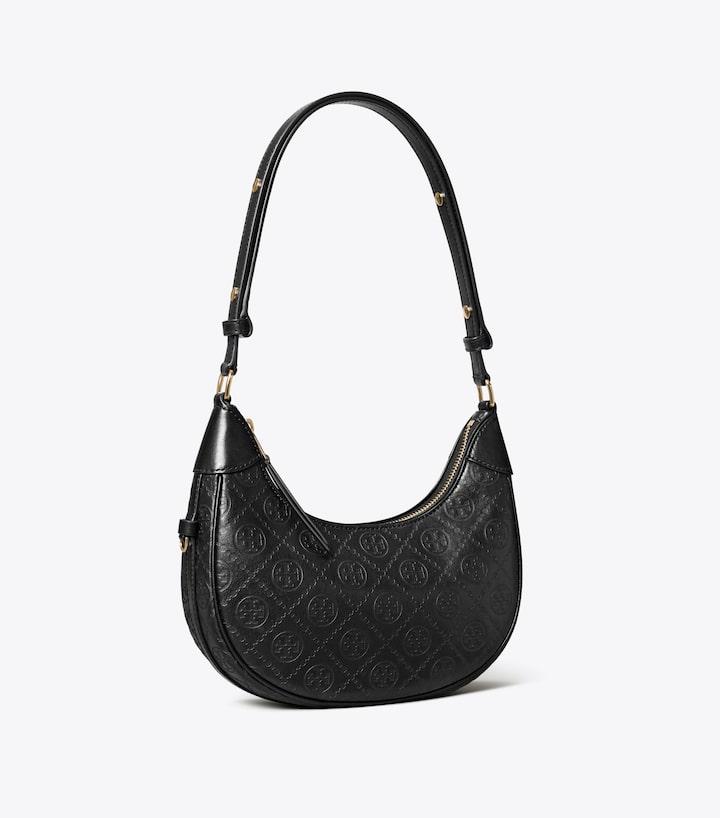 T Monogram Leather Crescent Bag - Black