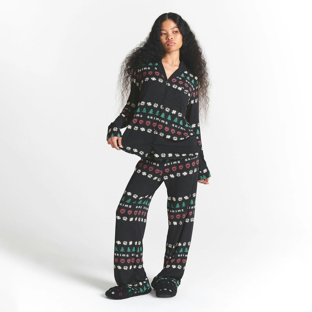 CACTUS PLANT FLEA MARKET X SKIMS SKIMS SLEEP LONG SLEEVE BUTTON UP SET | ONYX PINE FAIR ISLE