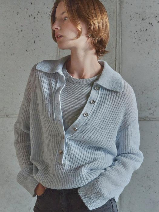 DEEP BUTTON COLLAR KNIT  / SKY BLUE