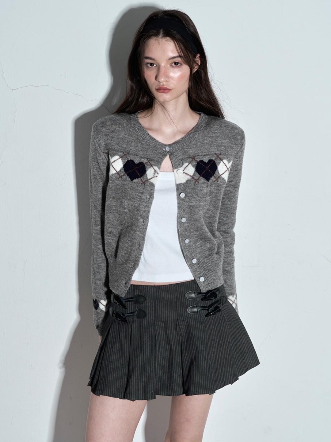 Sweet Letter Heart Argyle Knit Cardigan (2color)