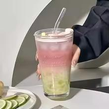 빨대 뚜껑이 달린 귀여운 유리 컵, 글자 텀블러, 아이스 커피 주스 차 유리, 마시는 컵, 투명 버블 차 컵 선물, 450ml