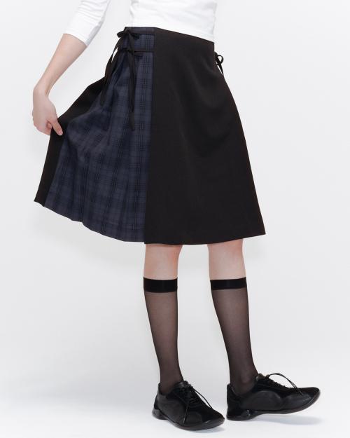 Side bow pleats midi skirt BLACK