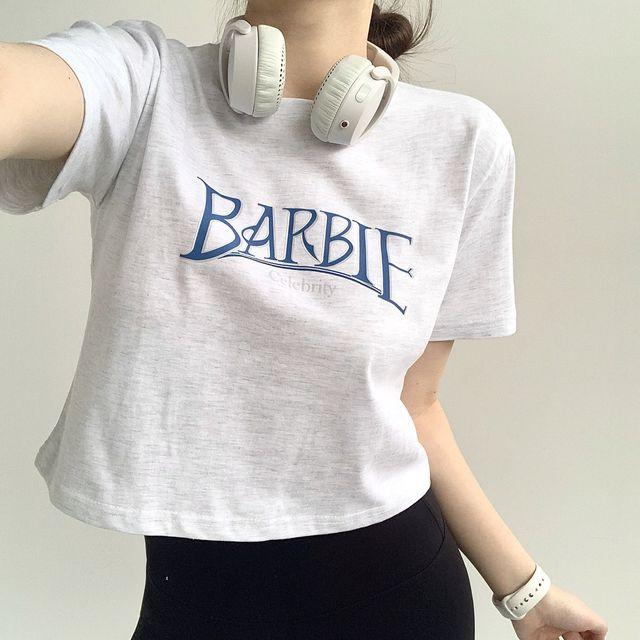 [면100%] 바비 크롭티 실켓 면 반팔 티셔츠 세미크롭 와이드 레터링 프린팅 티셔츠