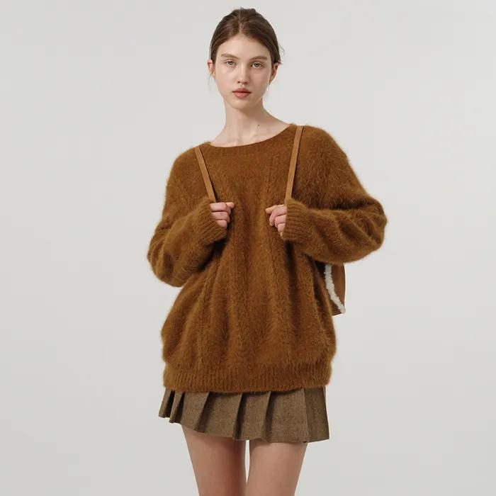Brushed Cable Knit Sweater_Brown