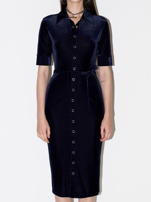 Front open velvet dress [Navy]
