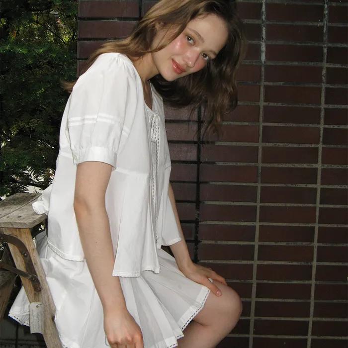 RIBBON TIE PLEATED PEPLUM BLOUSE WHITE