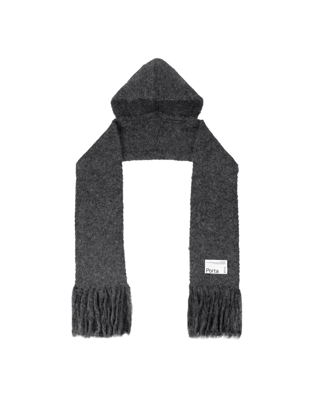 LOGO LABEL KNIT LONG HOODED MUFFLER, CHARCOAL