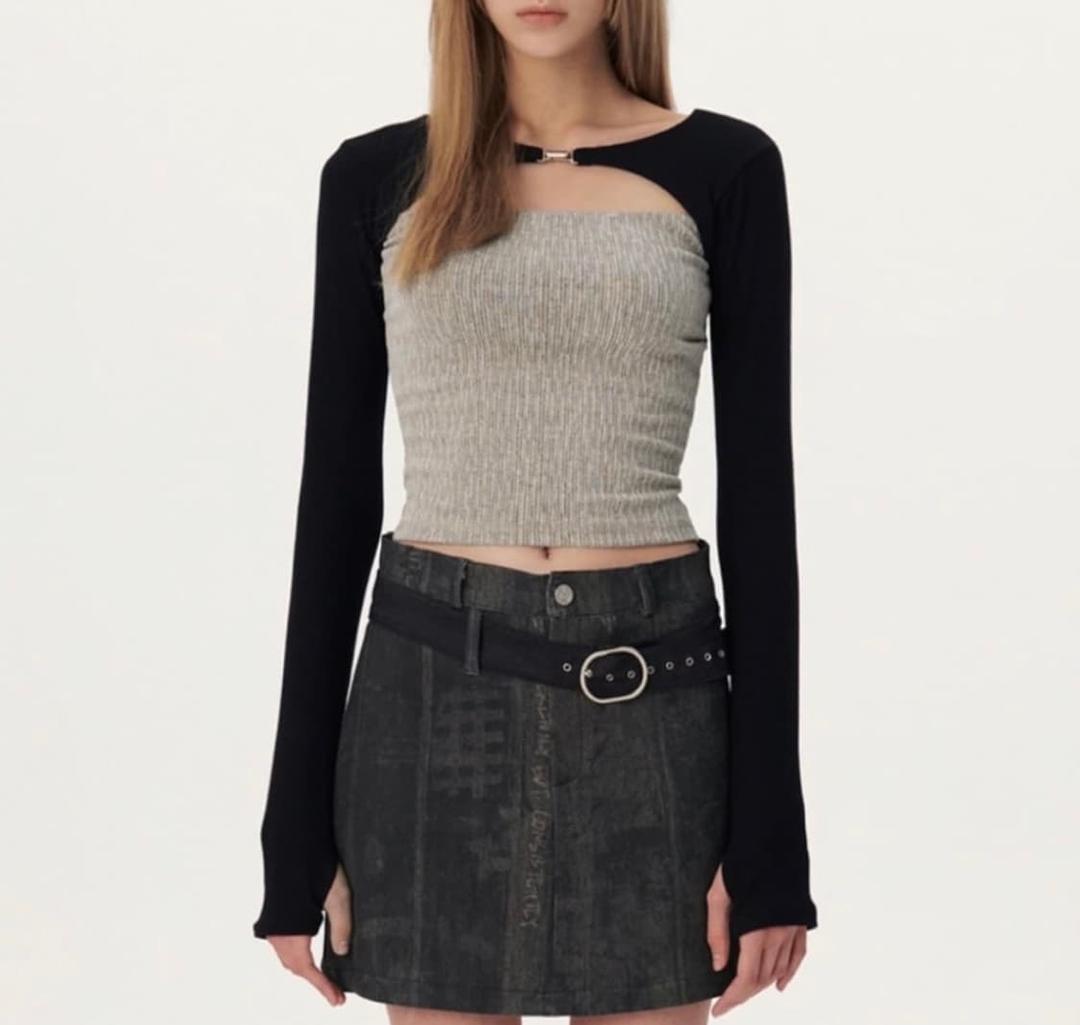 유즈 투톤 롱슬리브 볼레로 컷 아웃 탑 블랙베이지 | 후루츠패밀리