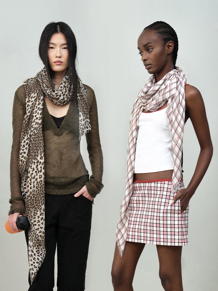 Mesh Lightweight Plaid Scarf - F / BLACK WHITE & Red