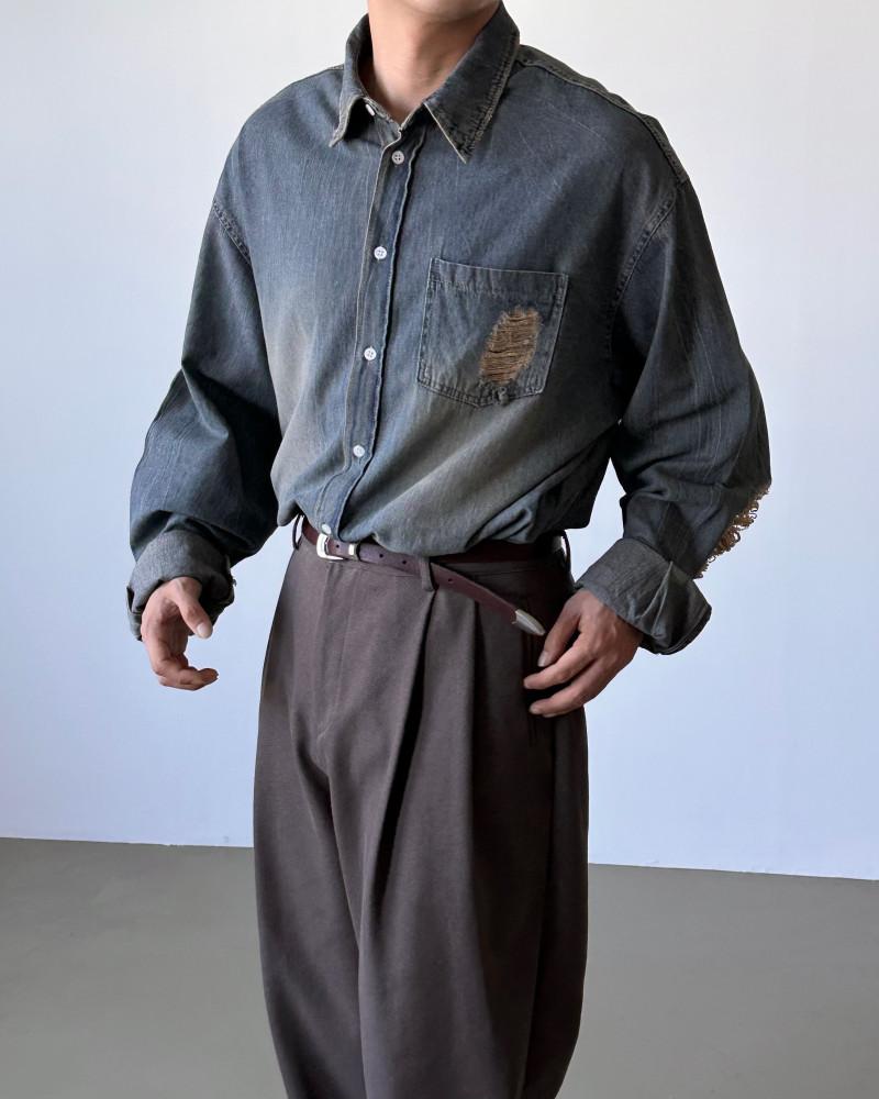 Texas Destroyed Denim ST,남자 봄 가을 빈티지 데미지 긴팔 데님 셔츠 남방
