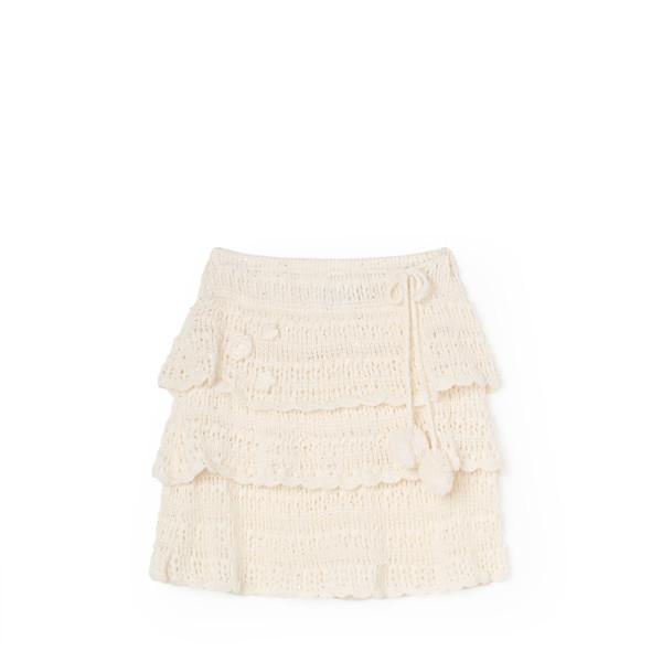 Pom Pom Flower Tiered Knit Skirt (Cream)